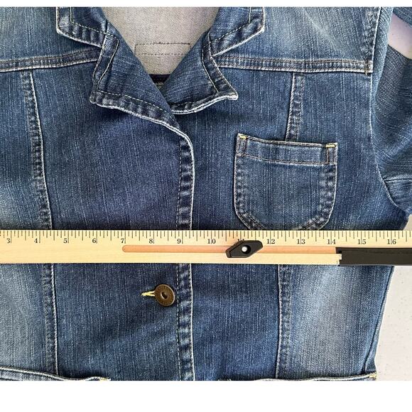 DKNY Jeans Cropped Denim Jacket Blazer Size Small (XS) Medium Wash Fading - Picture 4 of 8
